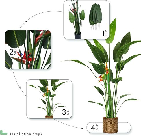 شجرة طائر الجنة المصنوعة من الحرير الاصطناعي مع الزهور - نبات صناعي بطول 5 أقدام لديكور المنزل والمكتب، وشجرة النخيل الاستوائية بوعاء بأوراق الموز، وتصميم مساحة داخلية وخارجية. (شجرة طير الجنة) in Kuwait