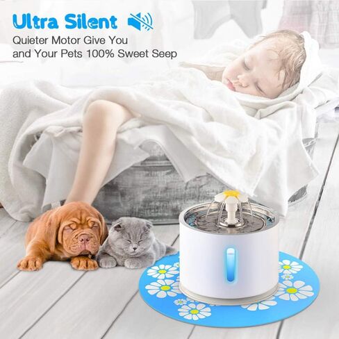 نافورة مياه للقطط من الستانلس ستيل بمؤشر LED سعة 88 اونصة/2.4 لتر، موزع مياه اوتوماتيكي للحيوانات الاليفة مع 3 فلاتر بديلة وسجادة سيليكون للقطط والكلاب والحيوانات الاليفة المتعددة (مع زهور) in Kuwait