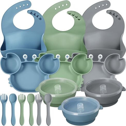 15 Pcs Baby Led Weaning Supplies, Silicone Baby Feeding Set with Crab Shape Divided Plate Adjustable Bib Suction Bowl Soft Spoon Fork, Toddler Self Eating Utensil Set in Saudi Arabia