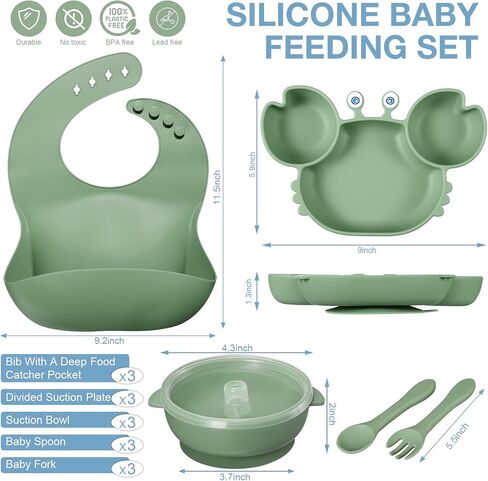 15 Pcs Baby Led Weaning Supplies, Silicone Baby Feeding Set with Crab Shape Divided Plate Adjustable Bib Suction Bowl Soft Spoon Fork, Toddler Self Eating Utensil Set in Saudi Arabia