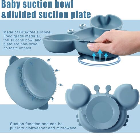 15 Pcs Baby Led Weaning Supplies, Silicone Baby Feeding Set with Crab Shape Divided Plate Adjustable Bib Suction Bowl Soft Spoon Fork, Toddler Self Eating Utensil Set in Saudi Arabia