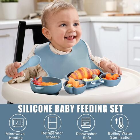 15 Pcs Baby Led Weaning Supplies, Silicone Baby Feeding Set with Crab Shape Divided Plate Adjustable Bib Suction Bowl Soft Spoon Fork, Toddler Self Eating Utensil Set in Saudi Arabia