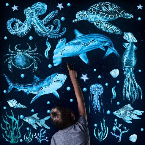 4 Pieces Glow in The Dark Ocean Wall Decals Under The Sea Wall Decals Fish Wall Decals PVC Sea Animals Wall Stickers for Kids Room Living Room Nursery Bathroom Decoration in Saudi Arabia