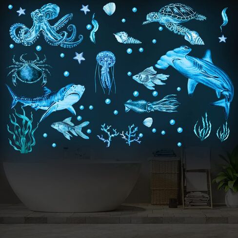 4 Pieces Glow in The Dark Ocean Wall Decals Under The Sea Wall Decals Fish Wall Decals PVC Sea Animals Wall Stickers for Kids Room Living Room Nursery Bathroom Decoration in Saudi Arabia
