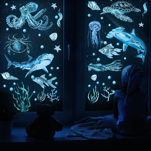 4 Pieces Glow in The Dark Ocean Wall Decals Under The Sea Wall Decals Fish Wall Decals PVC Sea Animals Wall Stickers for Kids Room Living Room Nursery Bathroom Decoration in Saudi Arabia