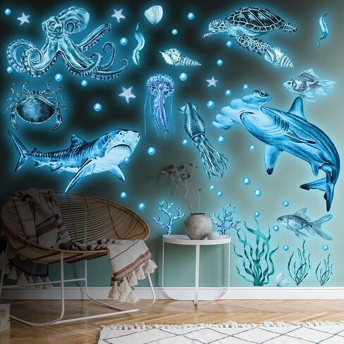 4 Pieces Glow in The Dark Ocean Wall Decals Under The Sea Wall Decals Fish Wall Decals PVC Sea Animals Wall Stickers for Kids Room Living Room Nursery Bathroom Decoration in Saudi Arabia