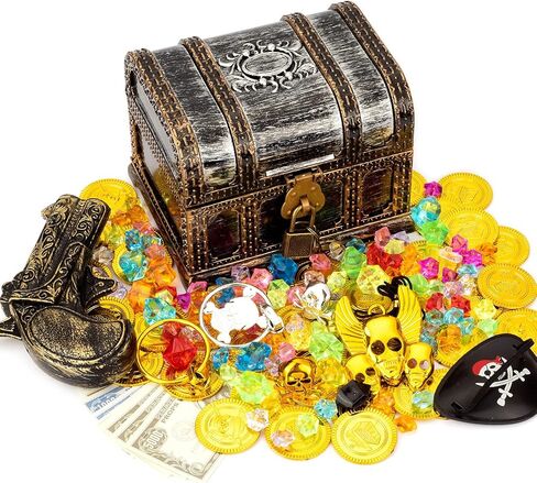 صندوق كنز لعبة القرصان للأطفال، مجموعة صندوق الكنز ذو اللون العتيق مع قفل، بوصلة، رقعة عين قرصان، علامة جمجمة مع سلسلة، حلقتين، حلقين، 50 عملة خريطة، 100 جوهرة. in Kuwait