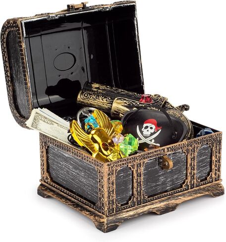 صندوق كنز لعبة القرصان للأطفال، مجموعة صندوق الكنز ذو اللون العتيق مع قفل، بوصلة، رقعة عين قرصان، علامة جمجمة مع سلسلة، حلقتين، حلقين، 50 عملة خريطة، 100 جوهرة. in Kuwait