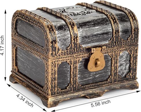 صندوق كنز لعبة القرصان للأطفال، مجموعة صندوق الكنز ذو اللون العتيق مع قفل، بوصلة، رقعة عين قرصان، علامة جمجمة مع سلسلة، حلقتين، حلقين، 50 عملة خريطة، 100 جوهرة. in Kuwait