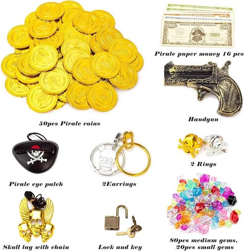 صندوق كنز لعبة القرصان للأطفال، مجموعة صندوق الكنز ذو اللون العتيق مع قفل، بوصلة، رقعة عين قرصان، علامة جمجمة مع سلسلة، حلقتين، حلقين، 50 عملة خريطة، 100 جوهرة. in Kuwait