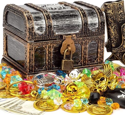 صندوق كنز لعبة القرصان للأطفال، مجموعة صندوق الكنز ذو اللون العتيق مع قفل، بوصلة، رقعة عين قرصان، علامة جمجمة مع سلسلة، حلقتين، حلقين، 50 عملة خريطة، 100 جوهرة. in Kuwait