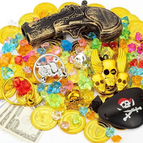 صندوق كنز لعبة القرصان للأطفال، مجموعة صندوق الكنز ذو اللون العتيق مع قفل، بوصلة، رقعة عين قرصان، علامة جمجمة مع سلسلة، حلقتين، حلقين، 50 عملة خريطة، 100 جوهرة. in Kuwait