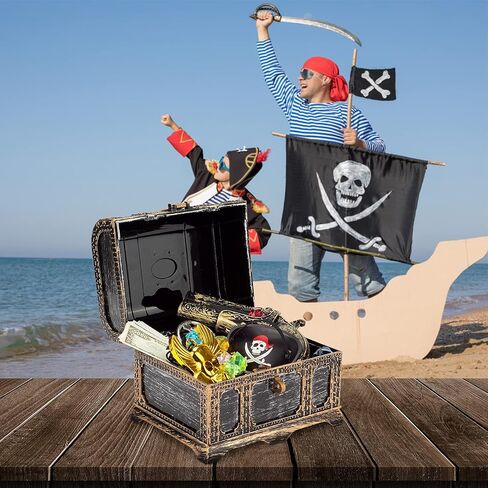 صندوق كنز لعبة القرصان للأطفال، مجموعة صندوق الكنز ذو اللون العتيق مع قفل، بوصلة، رقعة عين قرصان، علامة جمجمة مع سلسلة، حلقتين، حلقين، 50 عملة خريطة، 100 جوهرة. in Kuwait