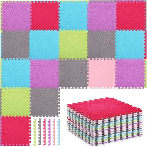 Timgle 18 Pcs Plush Foam Interlocking Floor Mat Square Carpet Tiles with Border 12" Fluffy Colorful Floor Mats 0.4" Thick Protective Puzzle Playroom Area Rug Playmat for Bedroom Kids Living Room in Kuwait