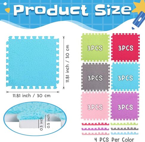 Timgle 18 Pcs Plush Foam Interlocking Floor Mat Square Carpet Tiles with Border 12" Fluffy Colorful Floor Mats 0.4" Thick Protective Puzzle Playroom Area Rug Playmat for Bedroom Kids Living Room in Kuwait
