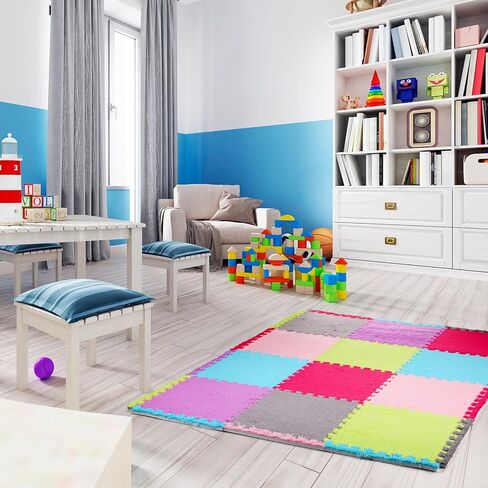 Timgle 18 Pcs Plush Foam Interlocking Floor Mat Square Carpet Tiles with Border 12" Fluffy Colorful Floor Mats 0.4" Thick Protective Puzzle Playroom Area Rug Playmat for Bedroom Kids Living Room in Kuwait