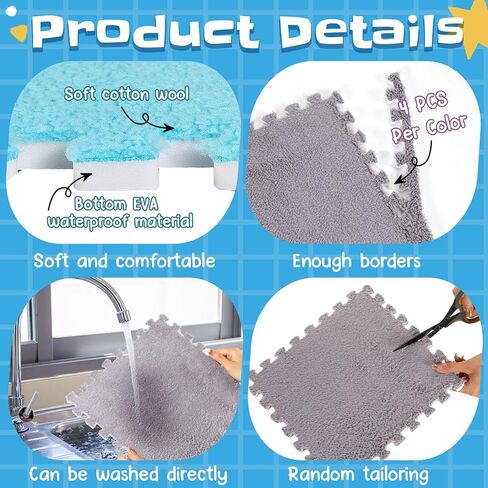 Timgle 18 Pcs Plush Foam Interlocking Floor Mat Square Carpet Tiles with Border 12" Fluffy Colorful Floor Mats 0.4" Thick Protective Puzzle Playroom Area Rug Playmat for Bedroom Kids Living Room in Kuwait
