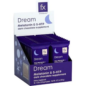 Fx Chocolate Dream - مكمل الشوكولاتة لدعم الاستجابة للتوتر والاسترخاء + الهدوء - الكاكاو الداكن مع الميلاتونين + 5-HTP - شوكولاتة كيتو الداكنة - خالية من السكر، نباتية + غير معدلة وراثيًا (30 قطعة)