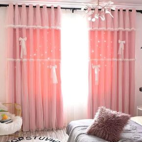 Bousilmia 2 Panels Stars Blackout Curtains with lace Bow tie for Girls Kids Baby Bedroom Hollow Out Double Layer Sparkle Star Cut Out Window Curtain Home Living Room Wall Decoration (Pink, 52" x 63") in Saudi Arabia