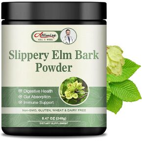 Alliwise Organic Slippery Elm Bank Powder 240g - Herbal Supplement for Soothes Throat,Relieves Coughs & Supports Digestive Health - Non-GMO, Gluten Free, Vegetarian Friendly. in Kuwait