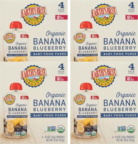 أكياس أغذية الأطفال العضوية من Earth's Best، هريس الفاكهة للمرحلة الثانية للأطفال بعمر 6 أشهر فما فوق، هريس الموز العضوي والتوت الأزرق، كيس قابل للإغلاق سعة 118 مل (عبوة من 16 كيسًا) in Kuwait