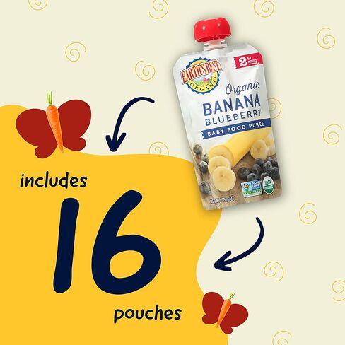 أكياس أغذية الأطفال العضوية من Earth's Best، هريس الفاكهة للمرحلة الثانية للأطفال بعمر 6 أشهر فما فوق، هريس الموز العضوي والتوت الأزرق، كيس قابل للإغلاق سعة 118 مل (عبوة من 16 كيسًا) in Kuwait