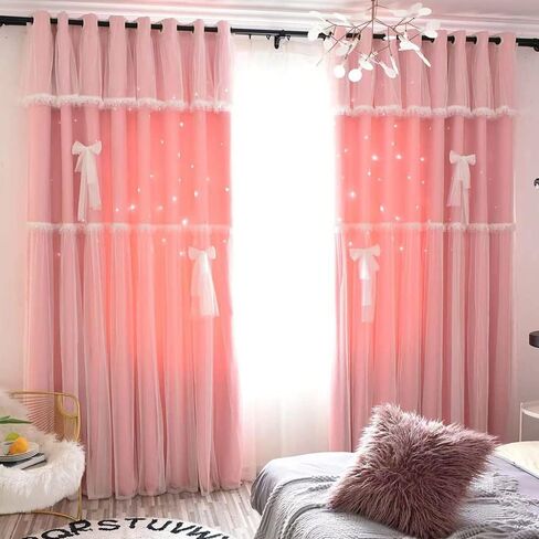 Bousilmia 2 Panels Stars Blackout Curtains with lace Bow tie for Girls Kids Baby Bedroom Hollow Out Double Layer Sparkle Star Cut Out Window Curtain Home Living Room Wall Decoration (Pink, 52" x 63") in Saudi Arabia