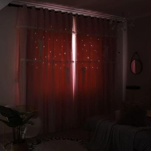 Bousilmia 2 Panels Stars Blackout Curtains with lace Bow tie for Girls Kids Baby Bedroom Hollow Out Double Layer Sparkle Star Cut Out Window Curtain Home Living Room Wall Decoration (Pink, 52" x 63") in Saudi Arabia