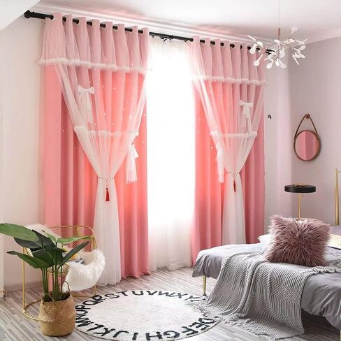 Bousilmia 2 Panels Stars Blackout Curtains with lace Bow tie for Girls Kids Baby Bedroom Hollow Out Double Layer Sparkle Star Cut Out Window Curtain Home Living Room Wall Decoration (Pink, 52" x 63") in Saudi Arabia