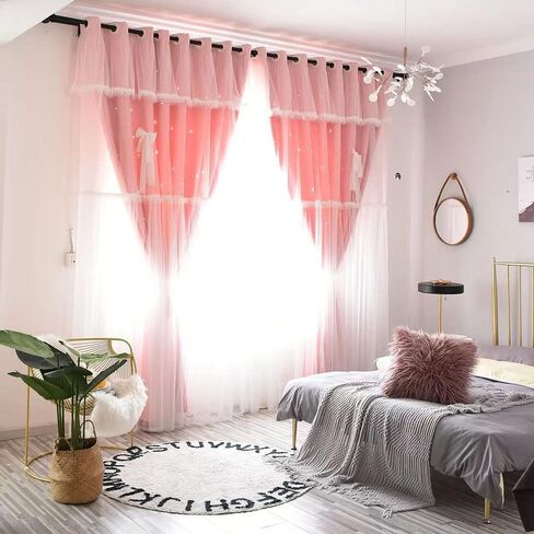 Bousilmia 2 Panels Stars Blackout Curtains with lace Bow tie for Girls Kids Baby Bedroom Hollow Out Double Layer Sparkle Star Cut Out Window Curtain Home Living Room Wall Decoration (Pink, 52" x 63") in Saudi Arabia