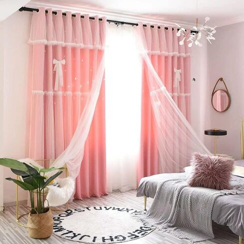 Bousilmia 2 Panels Stars Blackout Curtains with lace Bow tie for Girls Kids Baby Bedroom Hollow Out Double Layer Sparkle Star Cut Out Window Curtain Home Living Room Wall Decoration (Pink, 52" x 63") in Saudi Arabia
