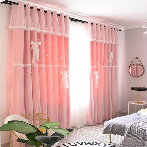 Bousilmia 2 Panels Stars Blackout Curtains with lace Bow tie for Girls Kids Baby Bedroom Hollow Out Double Layer Sparkle Star Cut Out Window Curtain Home Living Room Wall Decoration (Pink, 52" x 63") in Saudi Arabia