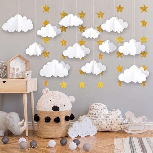18pcs 3D Cloud Decorations Hanging Clouds for Ceiling Clouds Stars Garland Party Clouds for Ceiling Paper Ornament Decorations for Aesthetic Room Decor Birthday Art Wedding Baby Shower Decor in Kuwait