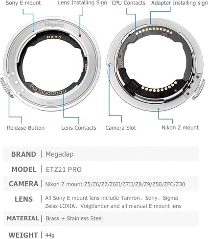 محول عدسة التركيز التلقائي Megadap ETZ21 PRO فتحة إلكترونية مدمجة متوافقة مع كاميرا Nikon Z Zf Z9 Z8 Z7 Z6 Z7II Z6II Z5 Z50 ZFC لعدسات سلسلة Sony FE Sigma Tamron FE in Kuwait