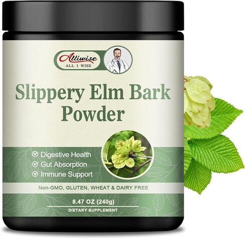 Alliwise Organic Slippery Elm Bank Powder 240g - Herbal Supplement for Soothes Throat,Relieves Coughs & Supports Digestive Health - Non-GMO, Gluten Free, Vegetarian Friendly. in Kuwait