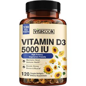 Vitacook فيتامين د3، 5000 وحدة دولية (125 ميكروجرام)، تكفي لمدة 4 أشهر لدعم صحة القلب والأوعية الدموية، والعظام القوية ووظيفة العضلات، نباتي، مرة واحدة يوميًا، غير معدل وراثيًا، 120 كبسولة هلامية in Kuwait