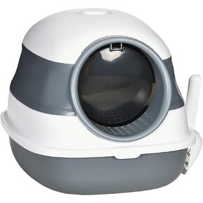PawHut Cat Litter Box with Lid, Covered Litter Box w/High Sides, Air Freshener, Large Two-Way Entrance Kitty Litter Box, Foldable, Easy Clean, White, and Gray