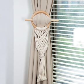 Farmhouse Curtain Tiebacks,Handmade Rustic Curtain Holdbacks for Drapes，Natural Cotton Jute Rope with Wood Club，Braided Curtain Holder with Tassel，Boho Decor Drapery Holder 2pcs (White) in Saudi Arabia