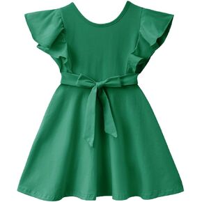 Dutebare Toddler Girl Sleeveless Dress Ruffle Trim Backless Belted Swing A-line Kids Casual Sundress
