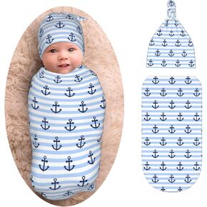 Striped Anchor Newborn Swaddle Blanket with Beanie Set, Soft Stretchy Baby Receiving Blanket Infant Swaddle Sack for Baby Boy and Girl Gifts in Kuwait