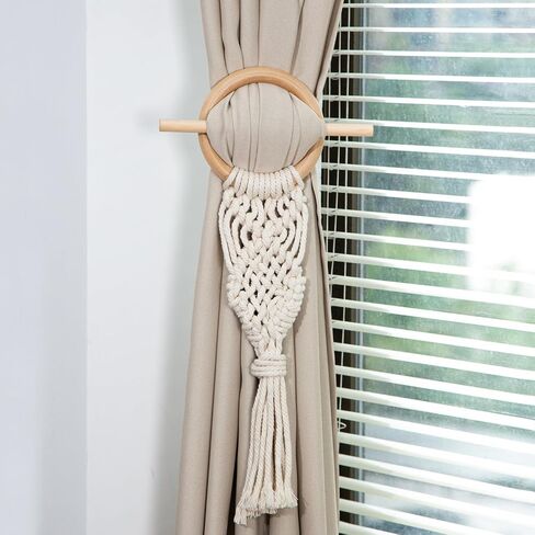 Farmhouse Curtain Tiebacks,Handmade Rustic Curtain Holdbacks for Drapes，Natural Cotton Jute Rope with Wood Club，Braided Curtain Holder with Tassel，Boho Decor Drapery Holder 2pcs (White) in Saudi Arabia