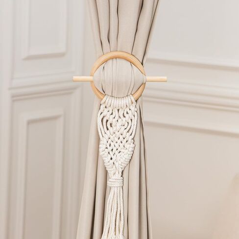 Farmhouse Curtain Tiebacks,Handmade Rustic Curtain Holdbacks for Drapes，Natural Cotton Jute Rope with Wood Club，Braided Curtain Holder with Tassel，Boho Decor Drapery Holder 2pcs (White) in Saudi Arabia