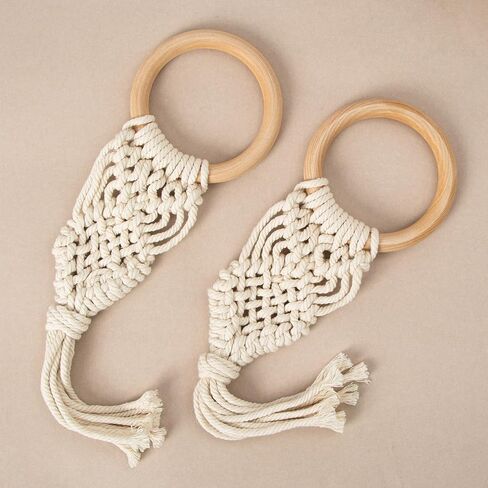Farmhouse Curtain Tiebacks,Handmade Rustic Curtain Holdbacks for Drapes，Natural Cotton Jute Rope with Wood Club，Braided Curtain Holder with Tassel，Boho Decor Drapery Holder 2pcs (White) in Saudi Arabia
