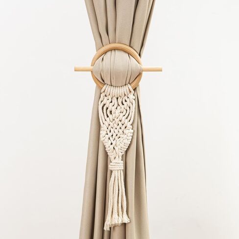 Farmhouse Curtain Tiebacks,Handmade Rustic Curtain Holdbacks for Drapes，Natural Cotton Jute Rope with Wood Club，Braided Curtain Holder with Tassel，Boho Decor Drapery Holder 2pcs (White) in Saudi Arabia