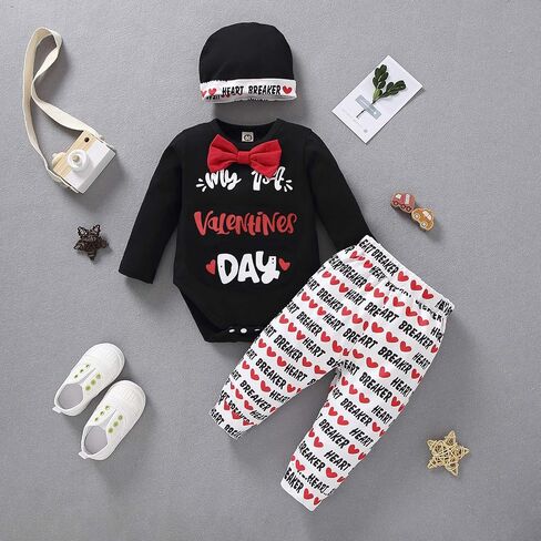 3Pcs Newborn Baby Boy Valentine's Day Outfit, Bowtie Romper Long Pants Hat Gentleman Clothes Set in Saudi Arabia