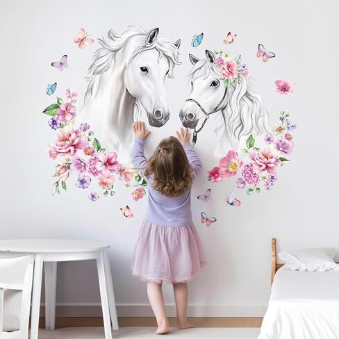 decalmile White Horse Flower Wall Decals Farm Animal Floral Butterfly Wall Stickers Baby Nursery Bedroom Living Room Wall Decor in Saudi Arabia