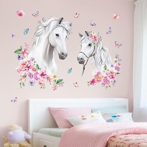 decalmile White Horse Flower Wall Decals Farm Animal Floral Butterfly Wall Stickers Baby Nursery Bedroom Living Room Wall Decor in Saudi Arabia