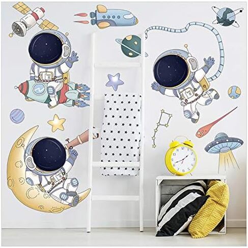 WAFT YEARN Removable Astronaut Space Ship Universe Outer Space Planet Star Wall Decal Vinyl Wall Sticker Decor for Nursery School Classroom Bedroom Bathroom Boys Girls Room Playroom Home Decor in Kuwait