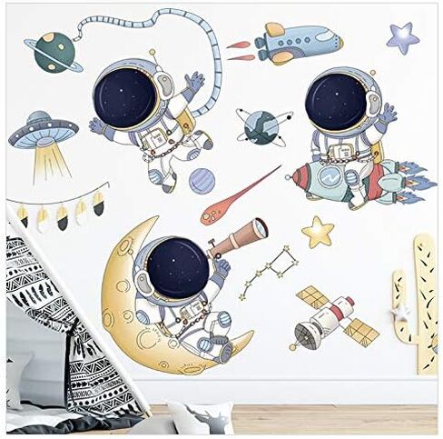 WAFT YEARN Removable Astronaut Space Ship Universe Outer Space Planet Star Wall Decal Vinyl Wall Sticker Decor for Nursery School Classroom Bedroom Bathroom Boys Girls Room Playroom Home Decor in Kuwait