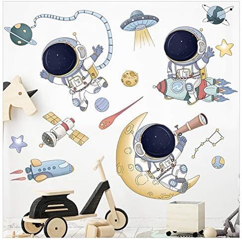 WAFT YEARN Removable Astronaut Space Ship Universe Outer Space Planet Star Wall Decal Vinyl Wall Sticker Decor for Nursery School Classroom Bedroom Bathroom Boys Girls Room Playroom Home Decor in Kuwait